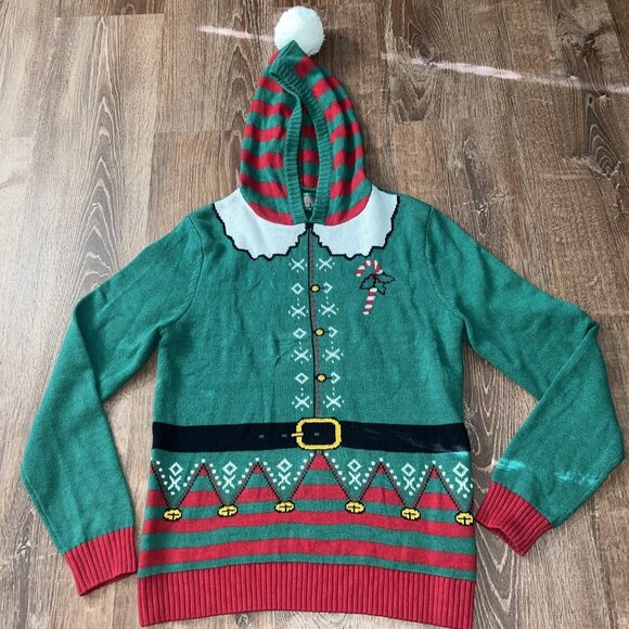 Ugly Christmas Sweater - Hooded Elf w/Pom Pom  (Medium) - Picture 1 of 9